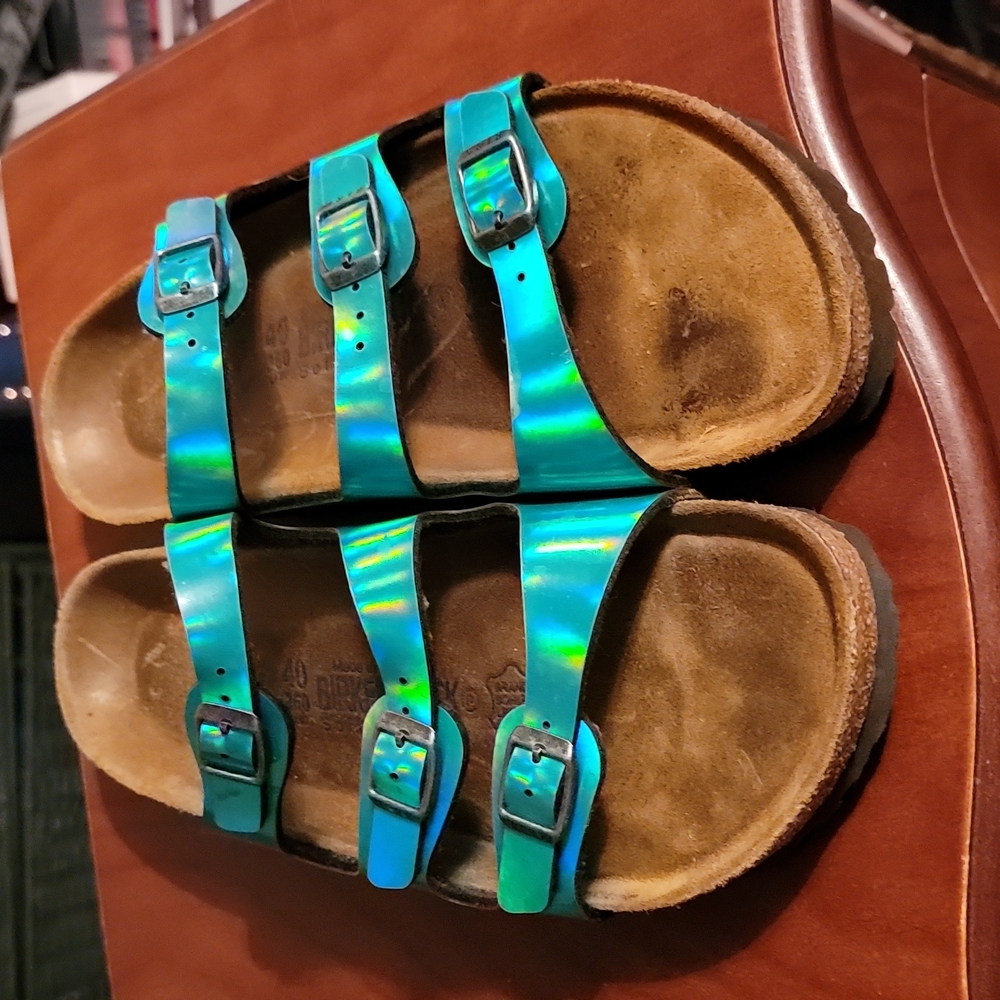Birkenstock Triple-Strap Iridescent Teal Sandals